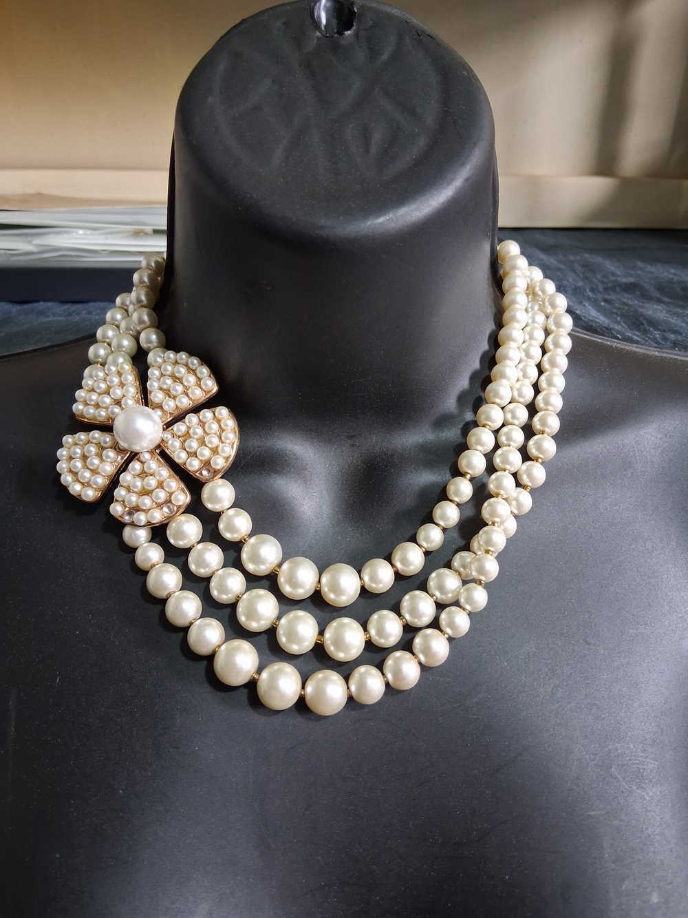 Classic Pearl Multi-Strand Necklace with Chunky Statement Floral Pearl Flower